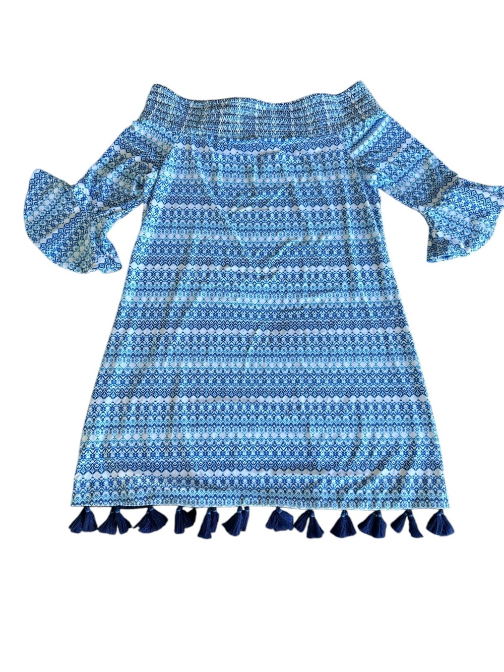 Cabana Life Batik Stripe Off Shoulder Dress Blue Turquoise UPF 50+ NWT L